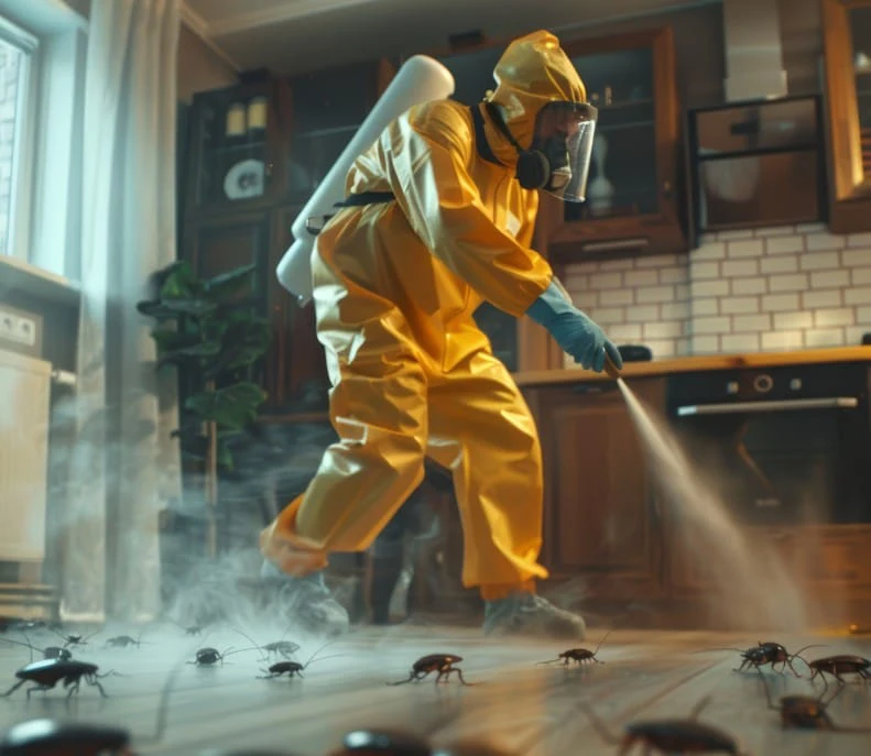 Técnico con traje amarillo fumigando cucarachas en cocina de vivienda