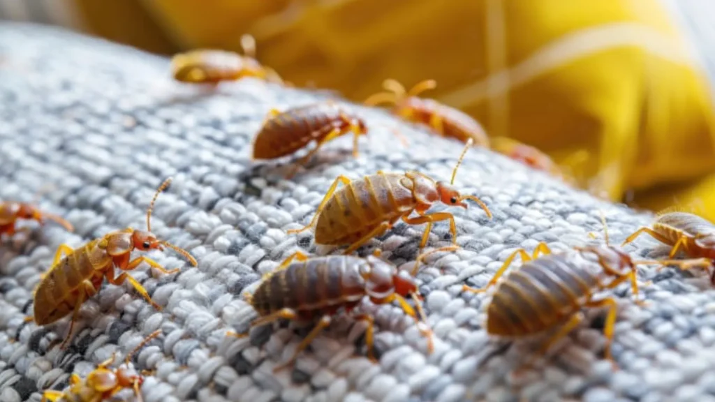 Chinches de cama en cobija de sala durante infestación en el hogar
